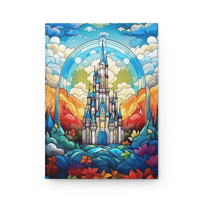 A vertical art print featuring a colorful stained-glass style illustration of a fairytale castle surrounded by clouds, mountains, and flowers, shown against a plain white background.