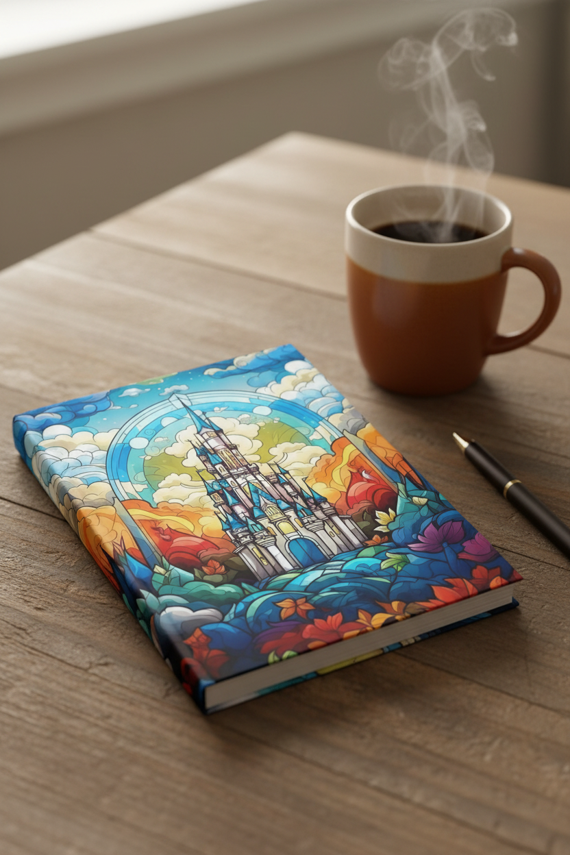 A colorful hardcover notebook with a stained-glass style illustration of a castle under a rainbow, placed on a wooden table next to a steaming coffee mug and a black pen.