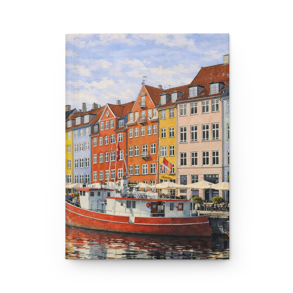 A vertical canvas print depicting a colorful waterfront scene with multi-story buildings in orange, yellow, and pink, a red boat on the water, and a blue sky with clouds, shown against a plain white background.