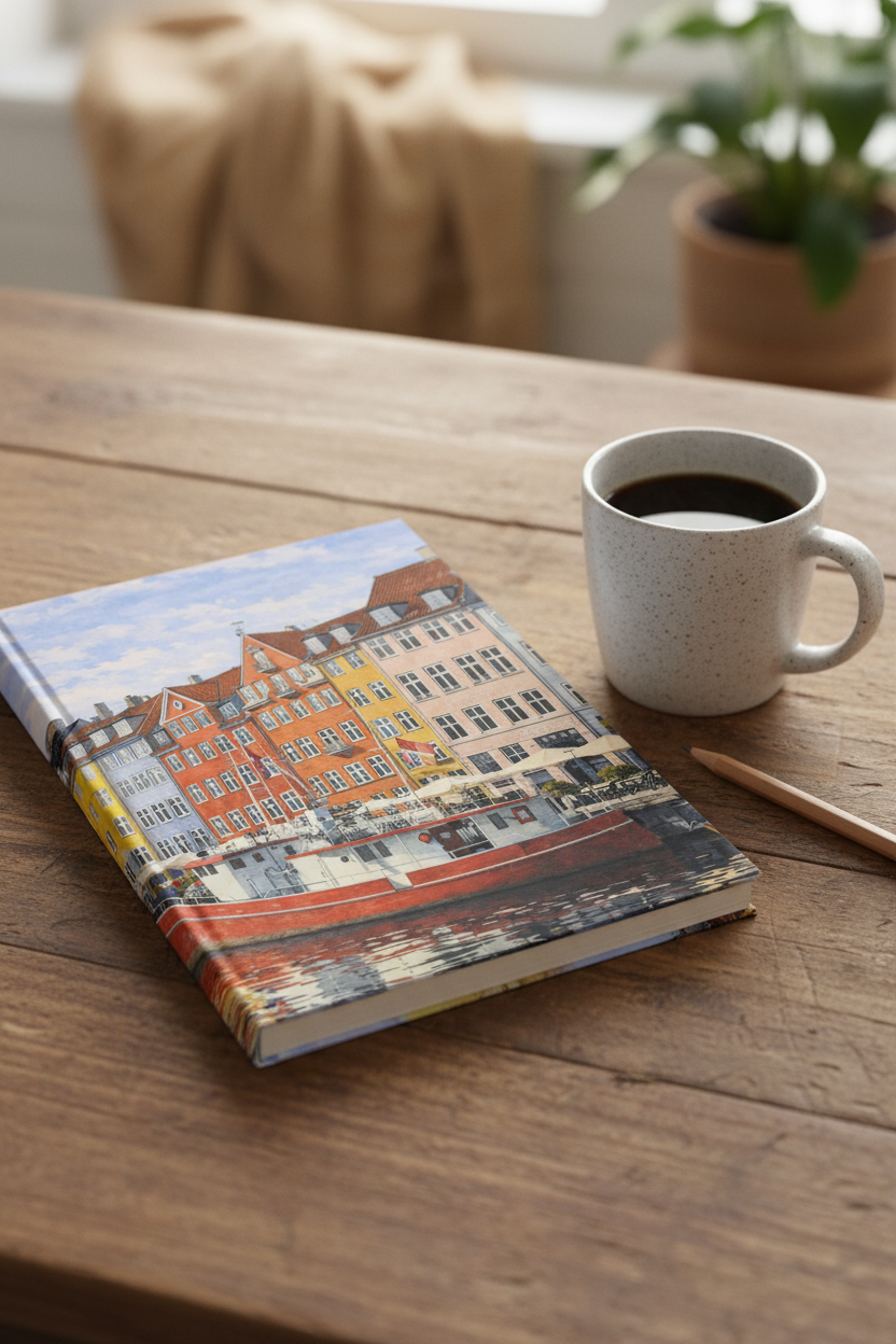 A hardcover notebook with a colorful painting of canal houses and boats on the cover, resting on a wooden table next to a white speckled ceramic mug of coffee and a wooden pen.