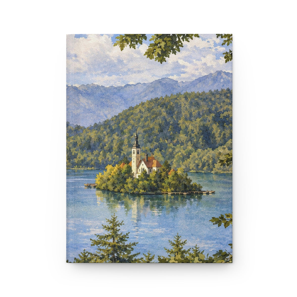 A vertical art print or poster featuring a scenic landscape painting of a small white church on an island in a blue lake, surrounded by green forested hills and mountains under a cloudy sky.