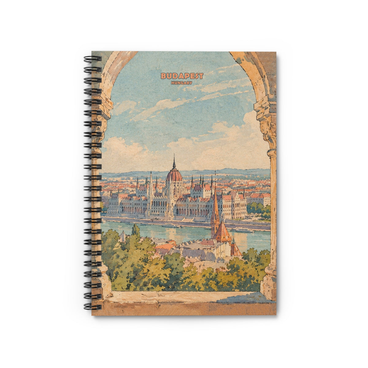 A spiral-bound notebook featuring a vintage-style watercolor illustration of Budapest, Hungary, with the Hungarian flag and the word 'BUDAPEST' printed on the cover, shown against a plain white background.