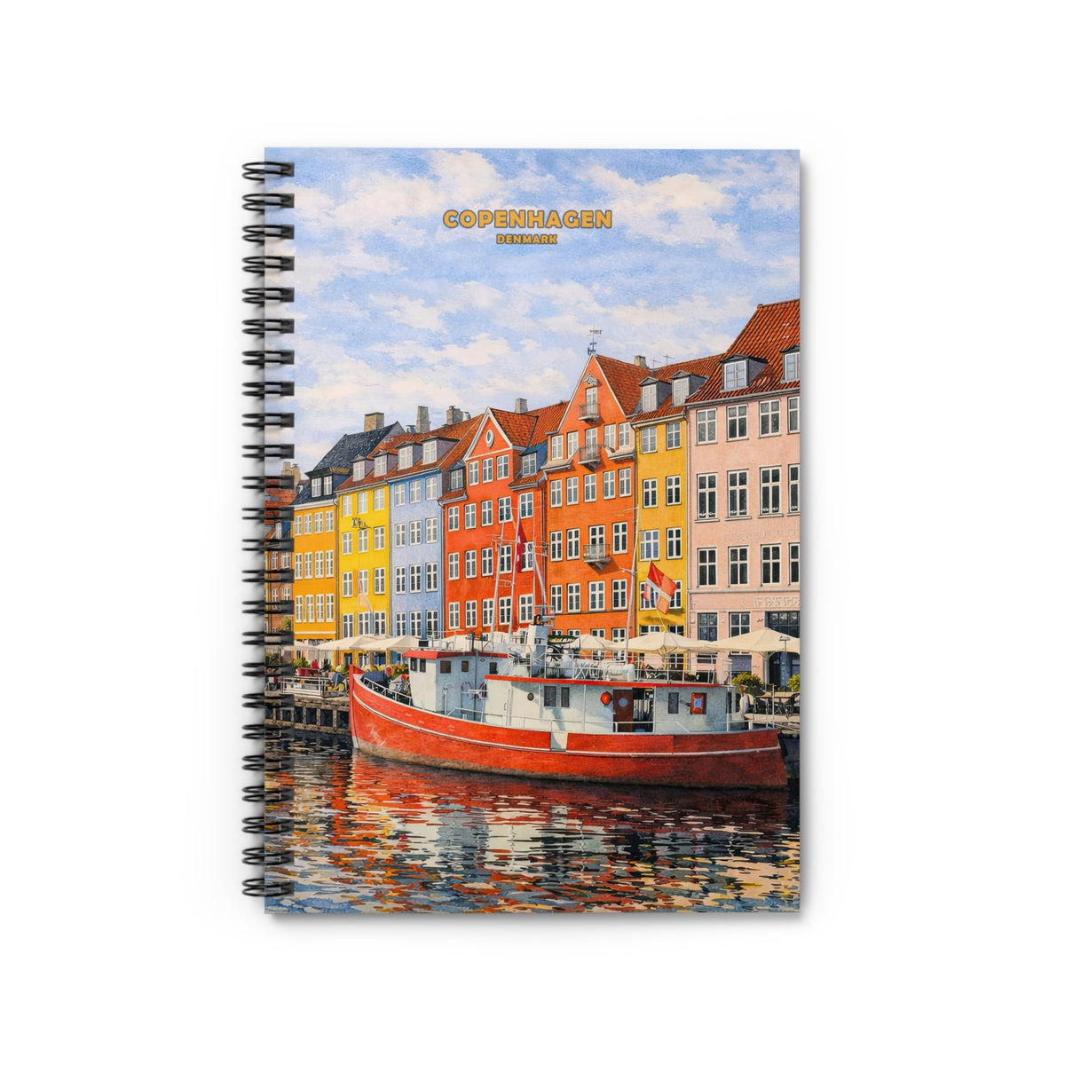 A spiral-bound notebook featuring a colorful painting of Nyhavn in Copenhagen, Denmark, with a red boat on the water in front of vibrant yellow, orange, and red buildings under a blue sky.