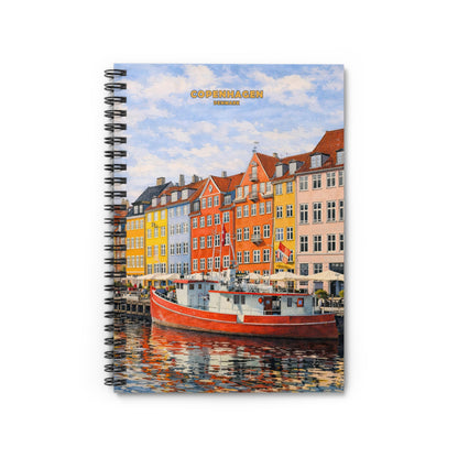 A spiral-bound notebook featuring a colorful painting of Nyhavn in Copenhagen, Denmark, with a red boat on the water in front of vibrant yellow, orange, and red buildings under a blue sky.