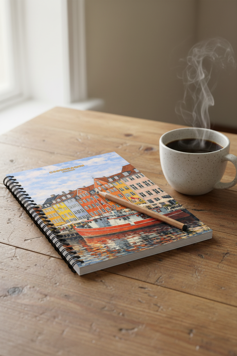 A spiral-bound notebook with a colorful waterfront illustration lies on a wooden table next to a steaming cup of coffee. A pencil rests across the notebook, and the scene is softly lit near a window.
