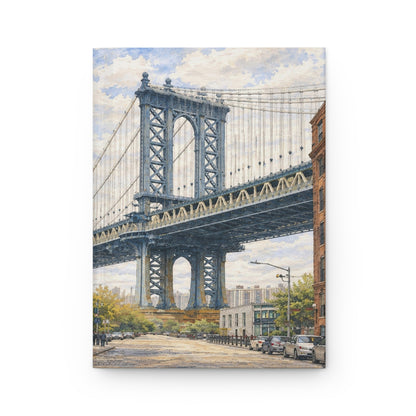 A vertical watercolor-style art print depicting the Manhattan Bridge over a city street, shown against a plain white background.