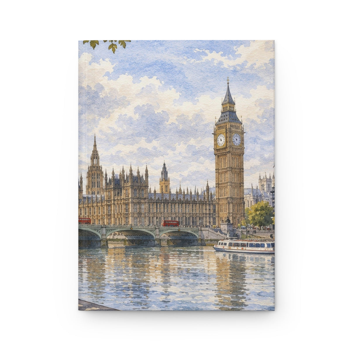 A vertical watercolor-style art print depicting Big Ben and the Palace of Westminster over the River Thames, shown against a plain white background.