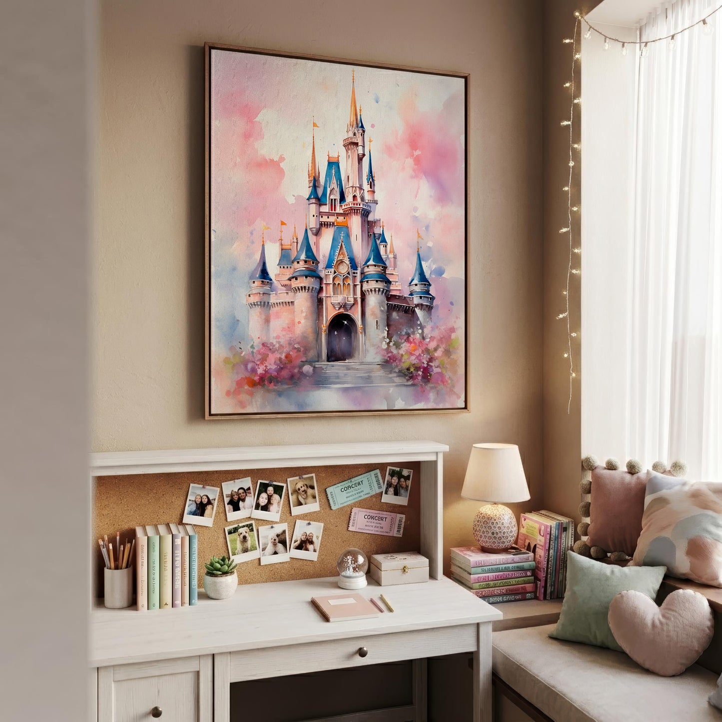 A framed watercolor painting of a fairytale castle with blue spires and pink sky, displayed on a beige wall above a white desk in a styled room.