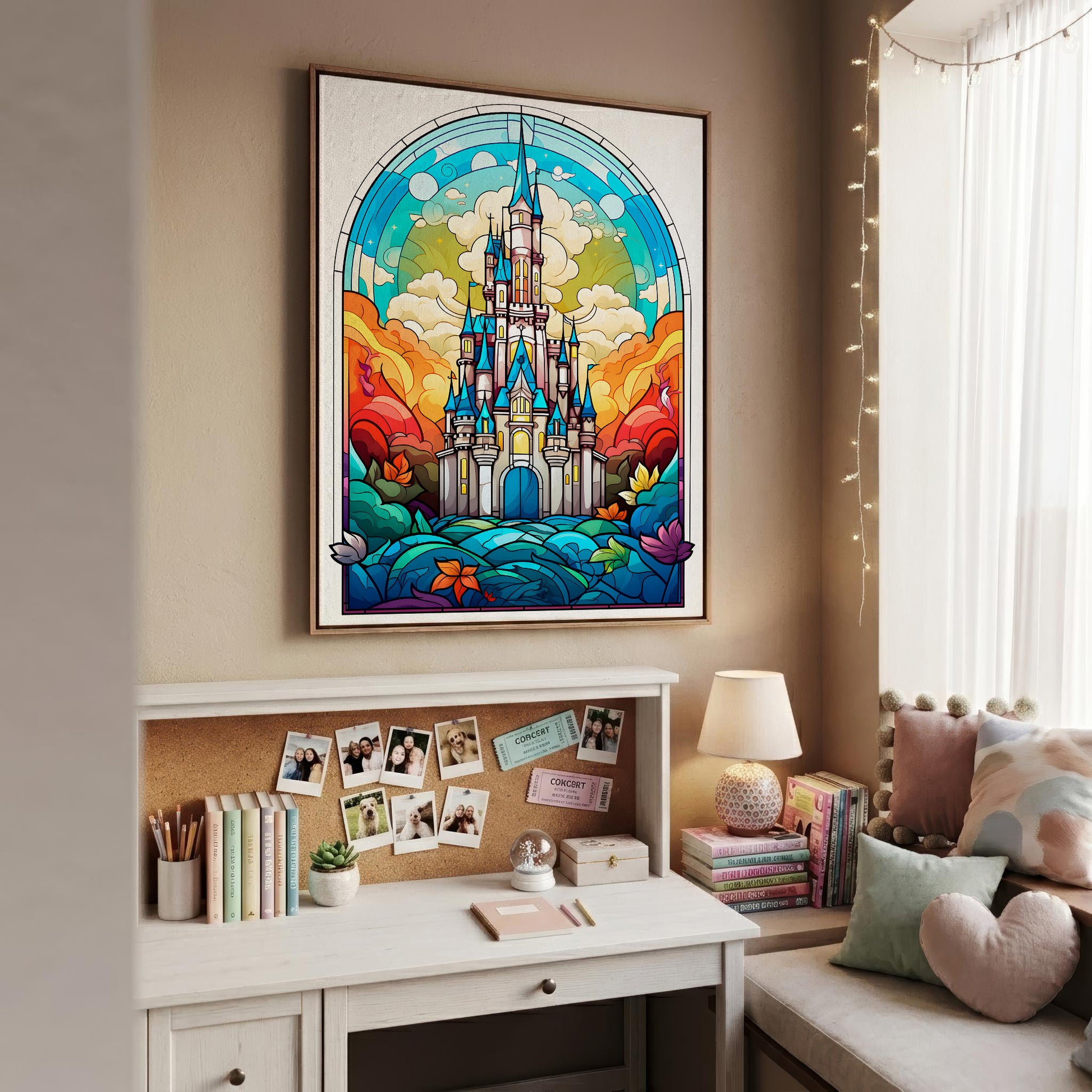 A framed colorful stained-glass-style artwork of a castle in an arched scene hangs on a beige wall above a white desk in a styled room with books, a lamp, photos, and a cushioned bench.