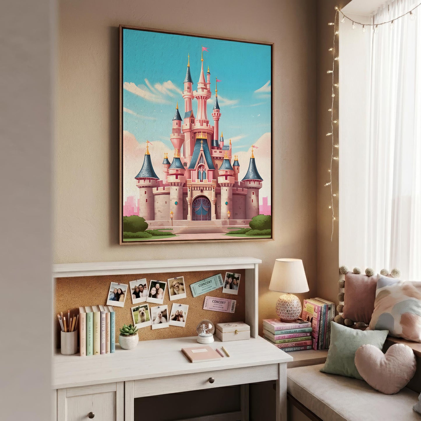 A framed art print of a fairytale castle in a pastel blue sky, displayed on a beige wall above a styled white desk in a cozy, decorated room.