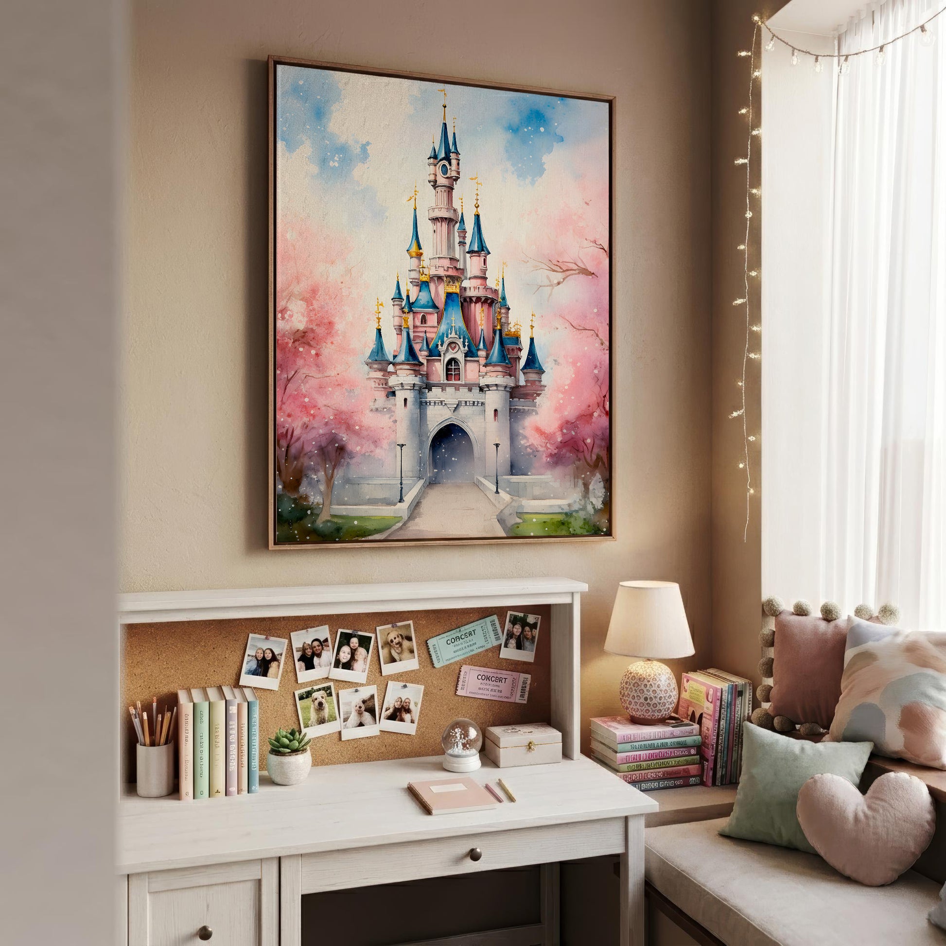 A framed watercolor painting of a fairytale castle with pink cherry blossoms hangs on a beige wall above a styled white desk in a cozy room setting.