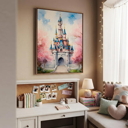A framed watercolor painting of a fairytale castle with pink cherry blossoms hangs on a beige wall above a styled white desk in a cozy room setting.