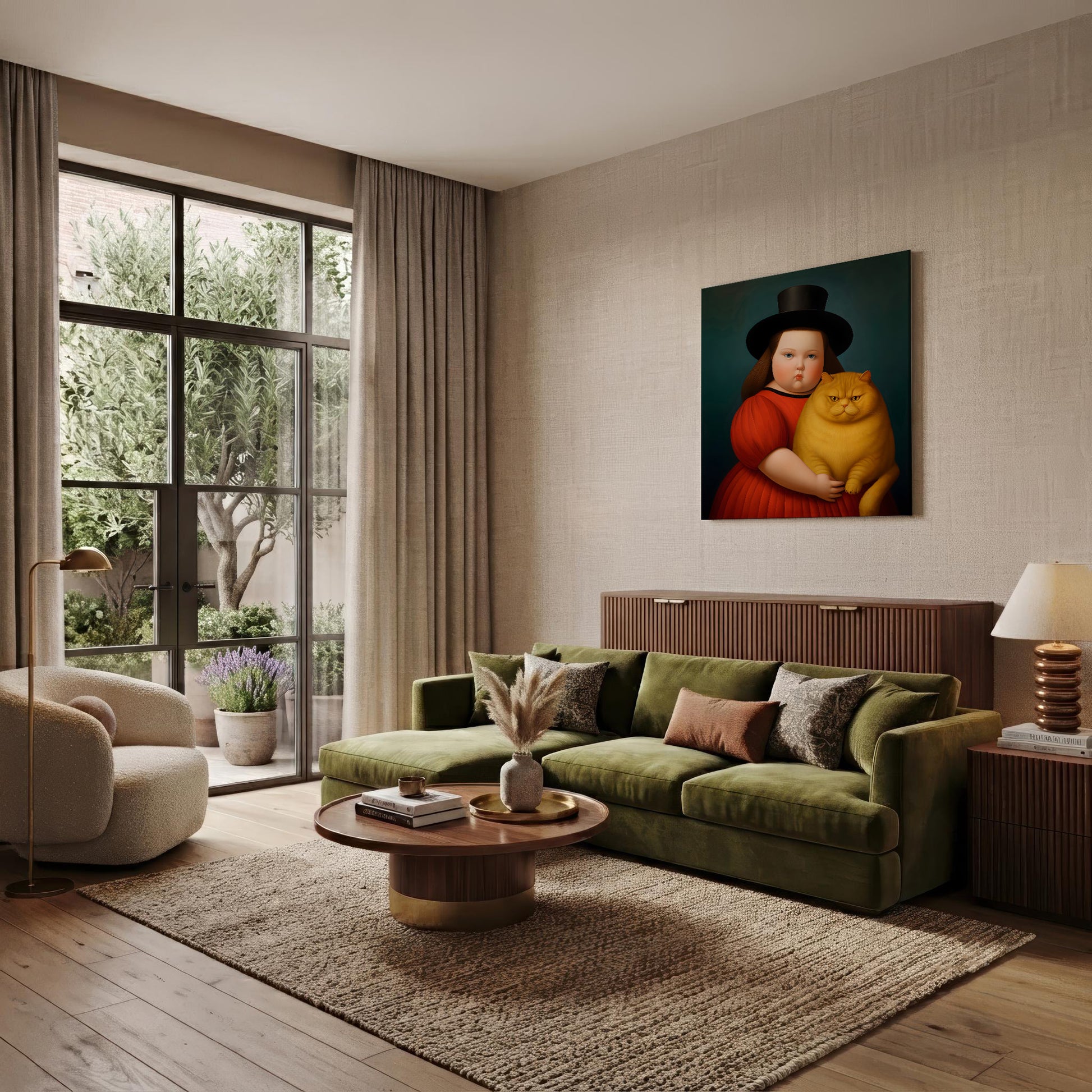 A modern living room with a green velvet sofa, round wooden coffee table, beige armchair, and a wall-mounted canvas painting depicting a child in a red dress holding a yellow cat against a dark teal background.