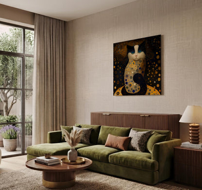 A modern living room featuring a green velvet sectional sofa, a round wooden coffee table, and a large canvas art print of a stylized cat hanging on the beige textured wall above the sofa.
