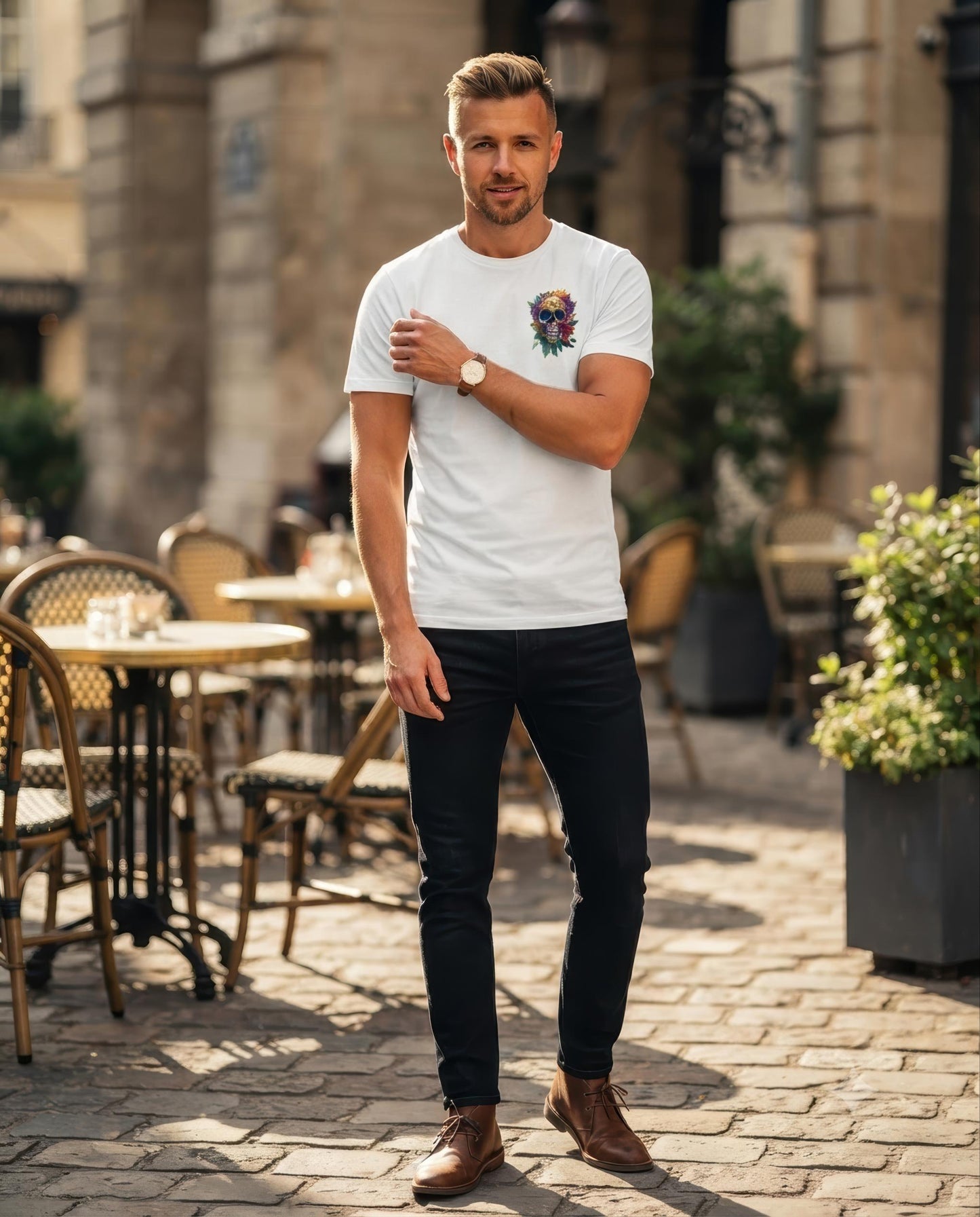 A man standing on a cobblestone street in front of a cafe, wearing a white crewneck t-shirt with a colorful graphic on the left chest, black slim-fit jeans, and brown leather shoes.