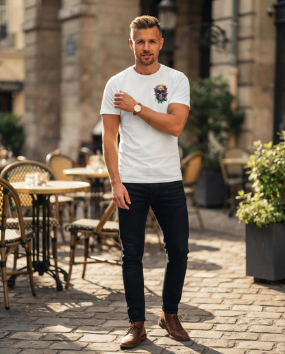 A man standing on a cobblestone street in front of a cafe, wearing a white crewneck t-shirt with a colorful graphic on the left chest, black slim-fit jeans, and brown leather shoes.