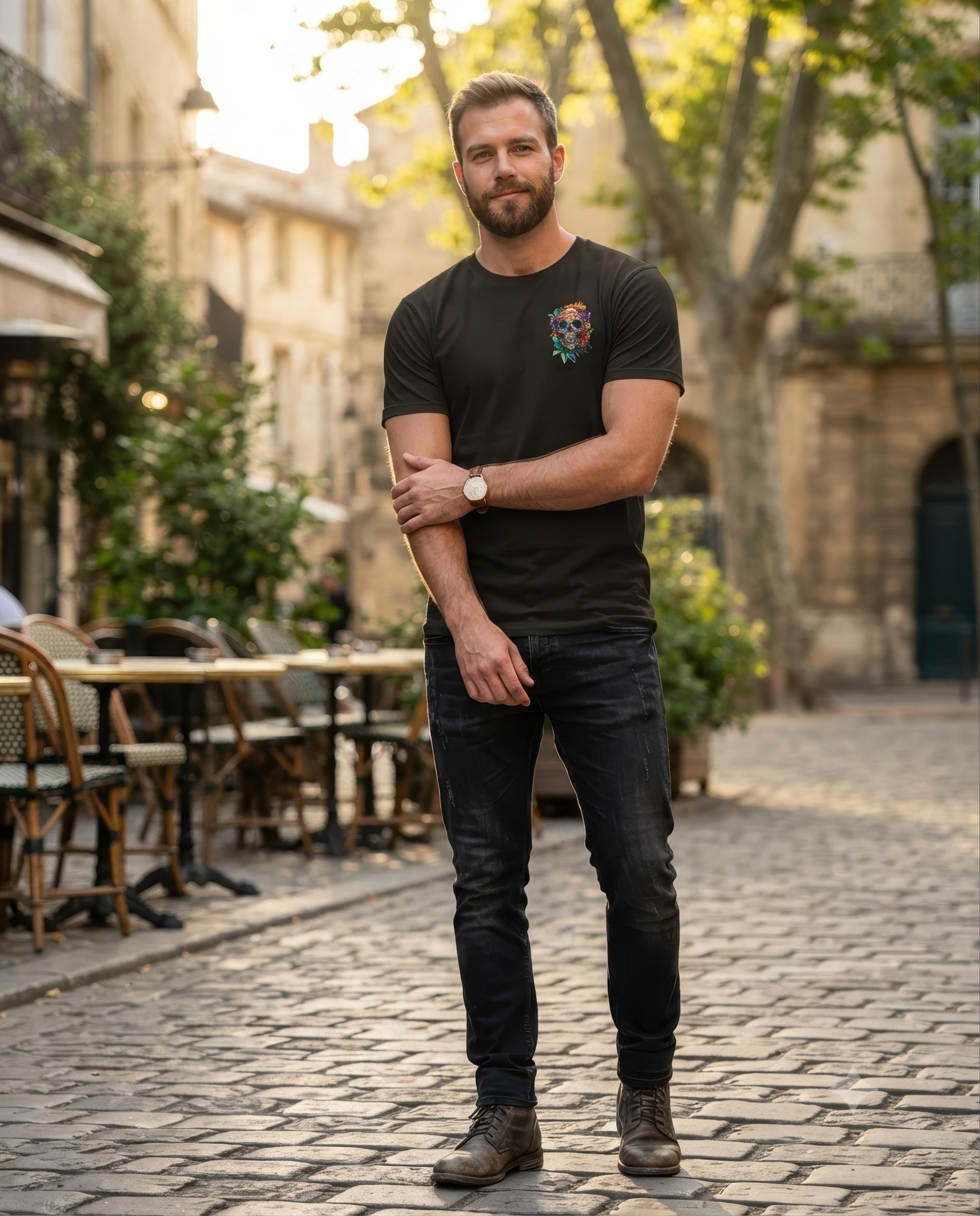 A man standing on a cobblestone street wearing a black crewneck t-shirt with a small colorful graphic on the left chest, dark jeans, and brown boots.