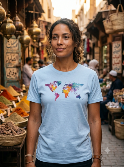 Woman wearing a light blue t-shirt with a colorful world map design in an outdoor market setting.
