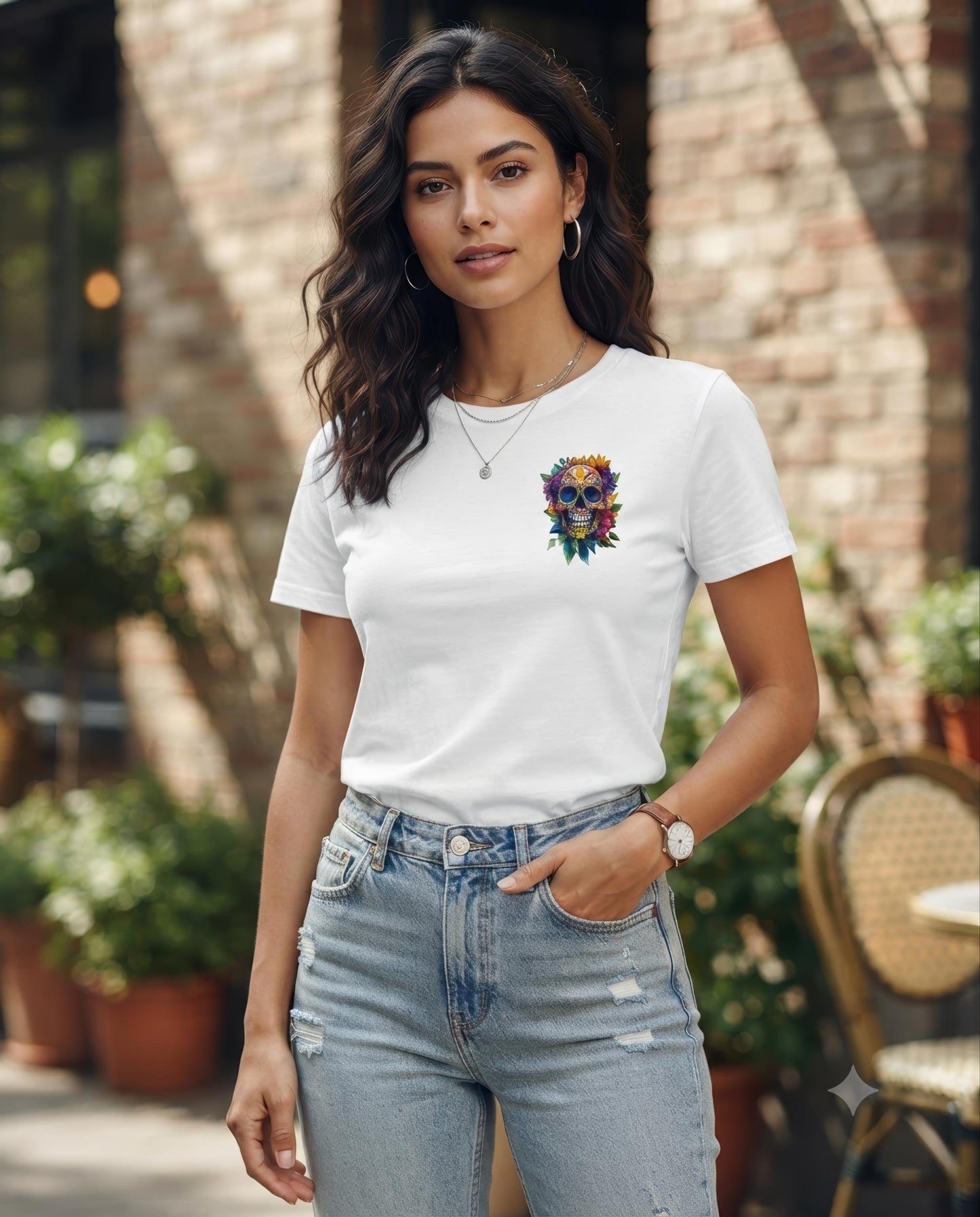 A woman wearing a white short-sleeve t-shirt with a colorful floral graphic on the left chest, paired with light-wash distressed jeans, standing in an outdoor patio setting with a brick wall background.