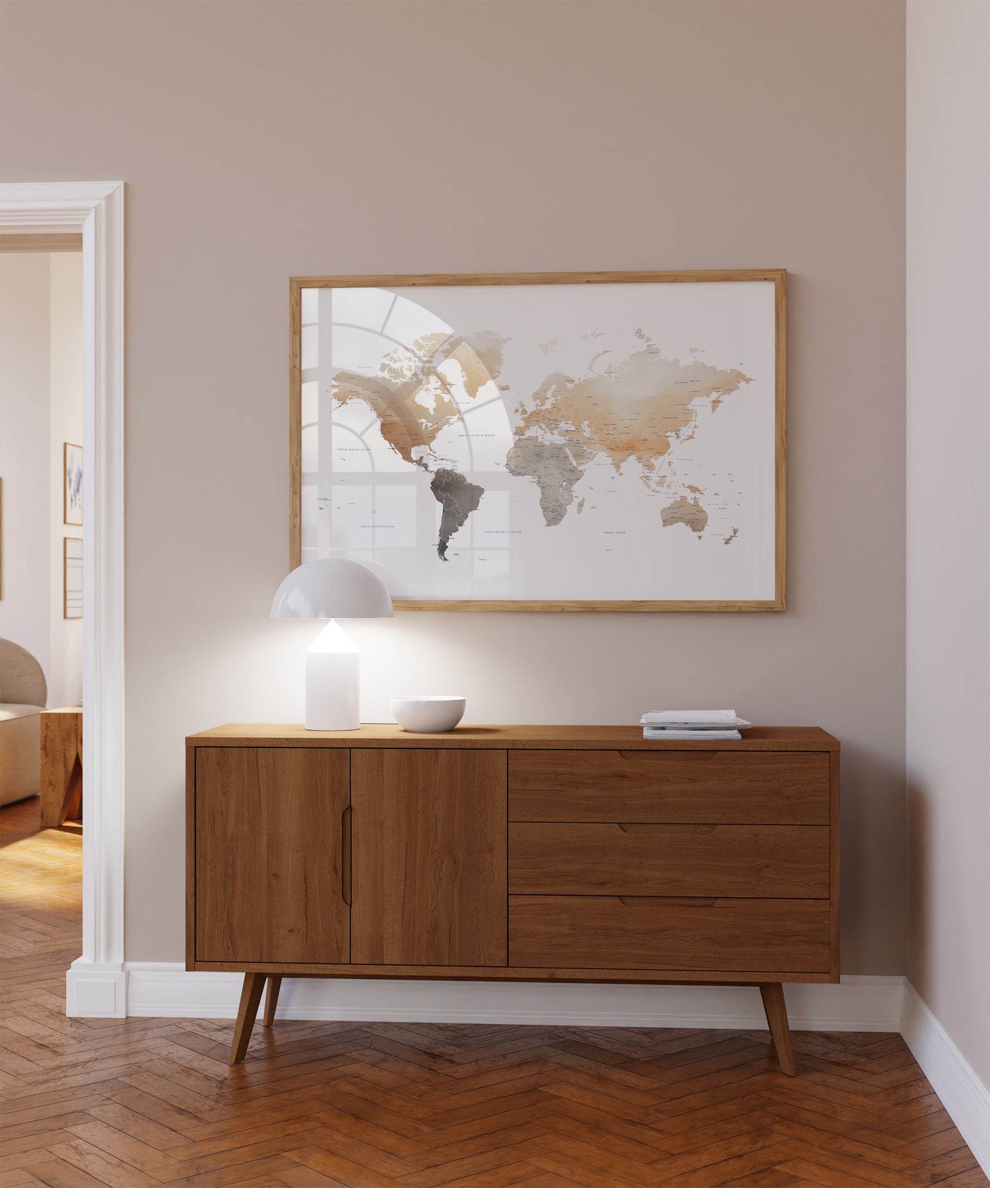 Watercolor world map in Earth tones.