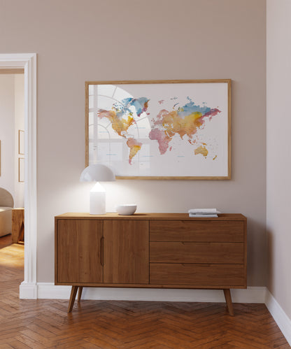 Minimalist world map wall art in beautiful watercolors.