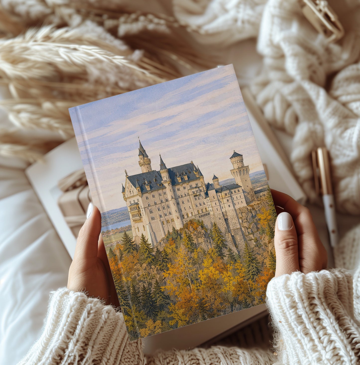 Person holding a notebook with a castle illustration, surrounded by cozy blankets and a pen.