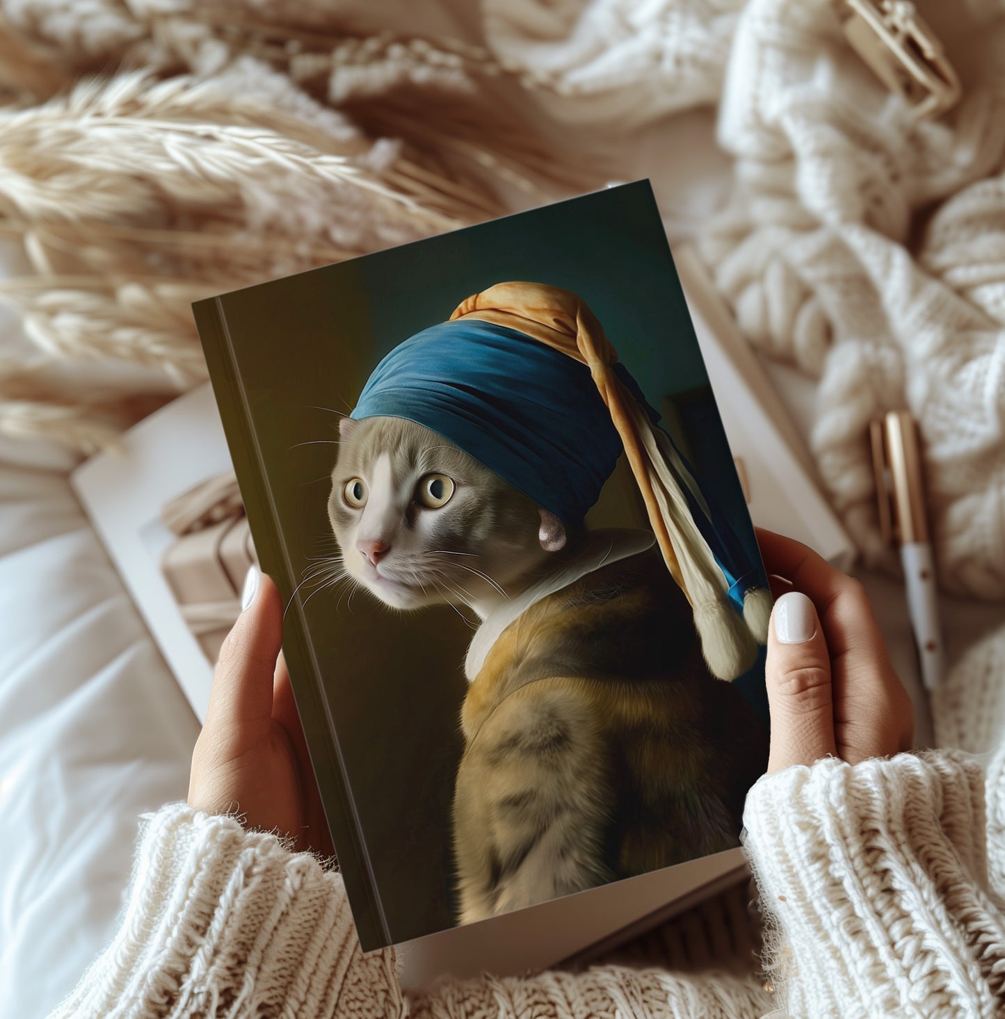 Cat with pearl earring hradback journal.