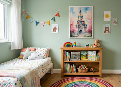 A styled children's bedroom featuring a single bed with pastel polka-dot bedding, a wooden bookshelf filled with books and toys, a colorful rainbow rug, and a large framed castle poster on a sage green wall.