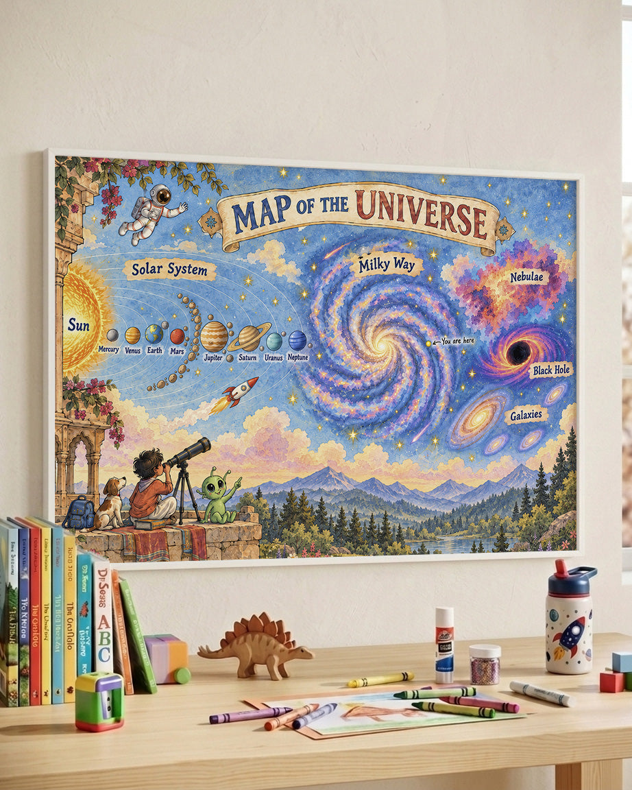 A framed colorful poster titled 'Map of the Universe' displayed on a wall above a children's desk. The poster features illustrated celestial maps including the solar system, Milky Way, nebulae, and galaxies, with children observing through a telescope in the landscape.