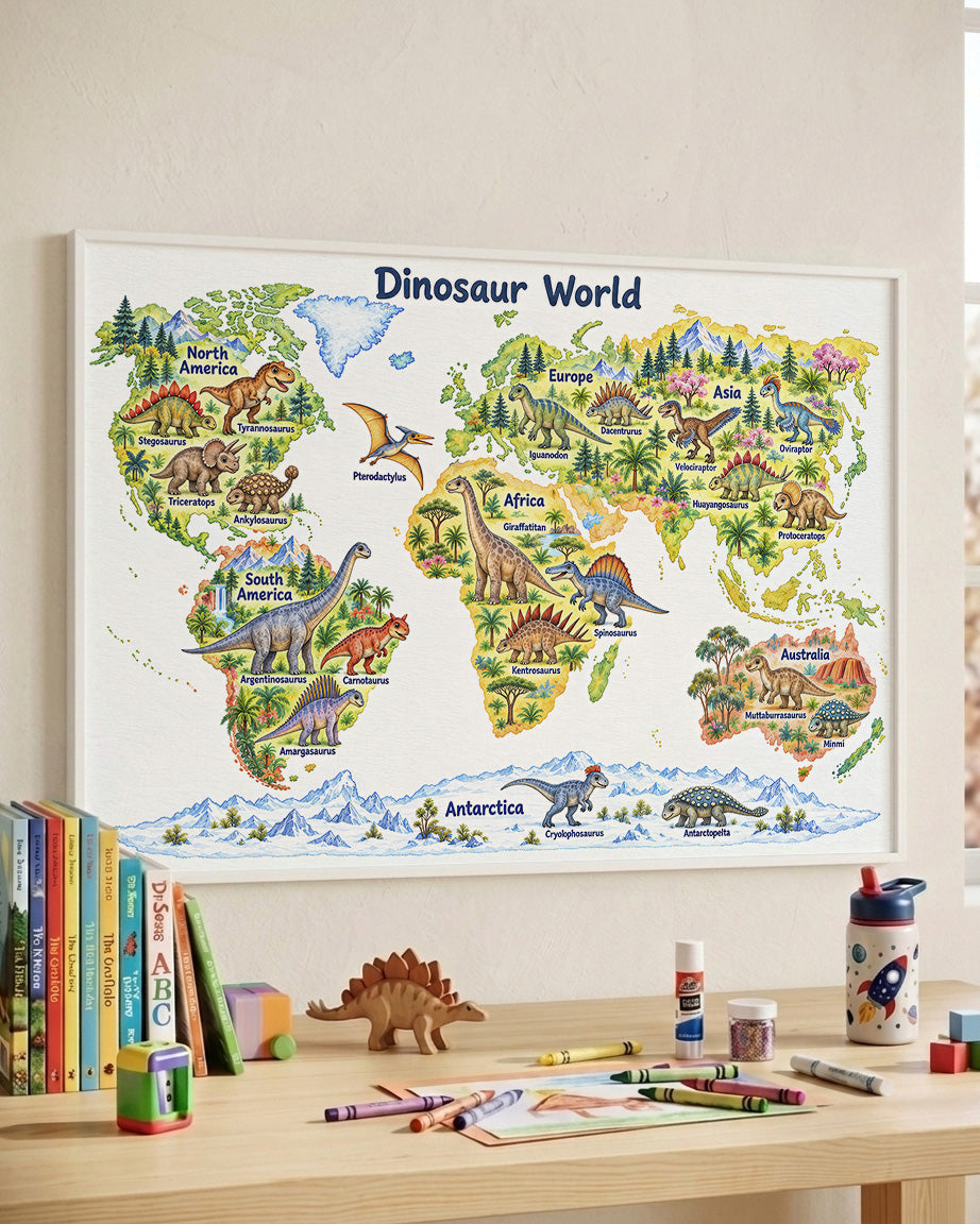 Dinosaur World Map Print | Kids Dinosaur Wall Art