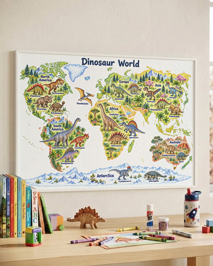 Dinosaur World Map Print | Kids Dinosaur Wall Art
