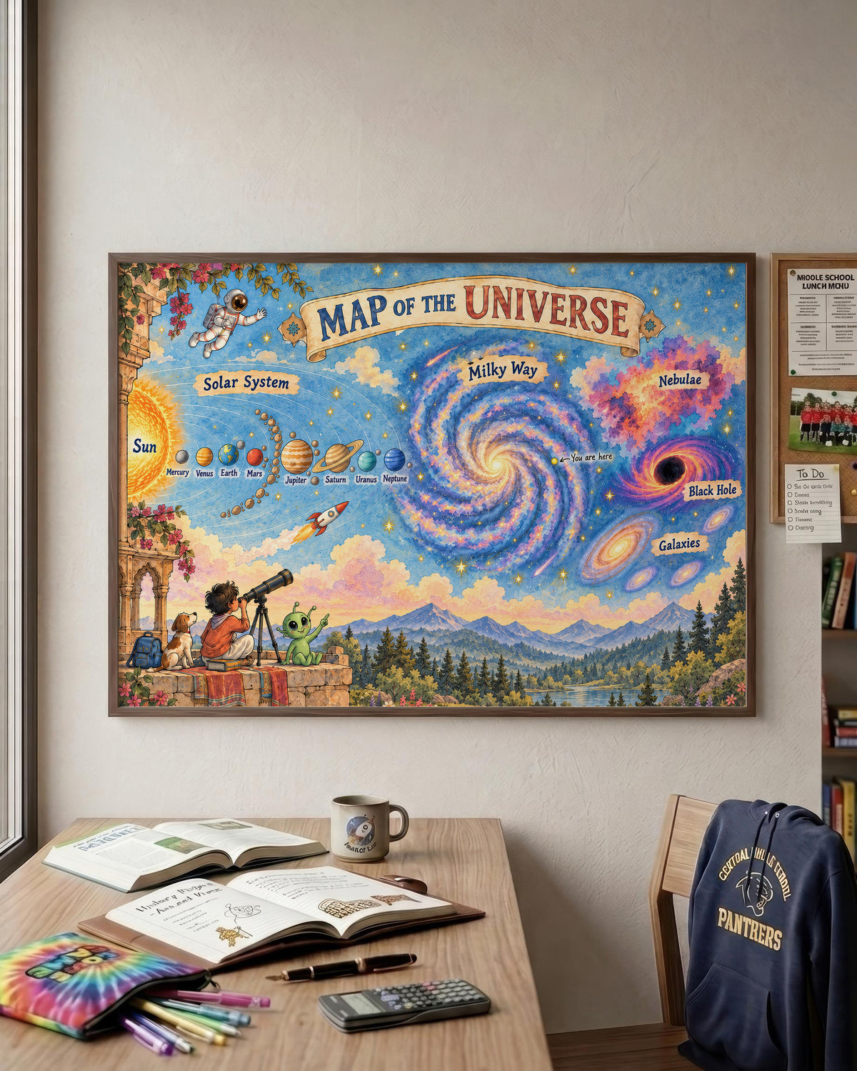 A framed colorful poster titled 'MAP OF THE UNIVERSE' hangs on a beige wall above a wooden desk with books, a mug, and a navy backpack. The poster features a swirling galaxy design with labeled celestial regions and an illustrated night-sky scene with planets and an astronaut.