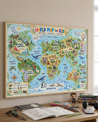 A colorful illustrated children's world map poster hanging on a wall above a desk with notebooks, pens, and a small figurine. The map shows continents, oceans, animals, and travel-themed illustrations, with the title 'World Map for Kids' at the top.