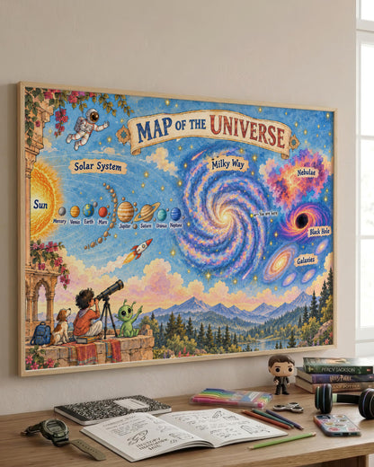 A large framed educational poster titled 'Map of the Universe' hangs on a beige wall above a wooden desk. The poster features a colorful, whimsical illustration of space with a spiral galaxy, solar system, black holes, stars, and children looking through a telescope.