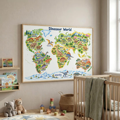 Dinosaur World Map Print | Kids Dinosaur Wall Art