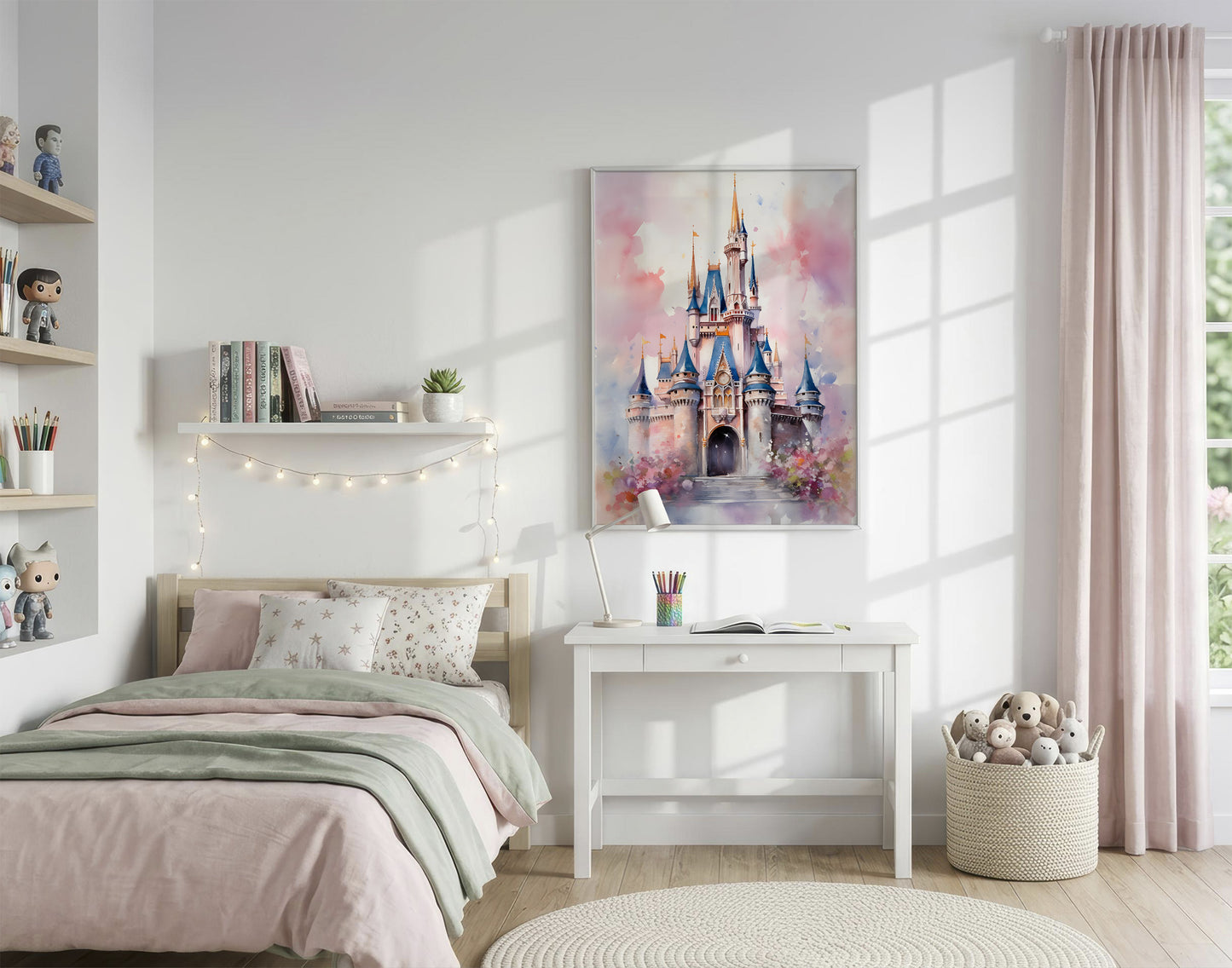 Children's bedroom with a castle painting on the wall