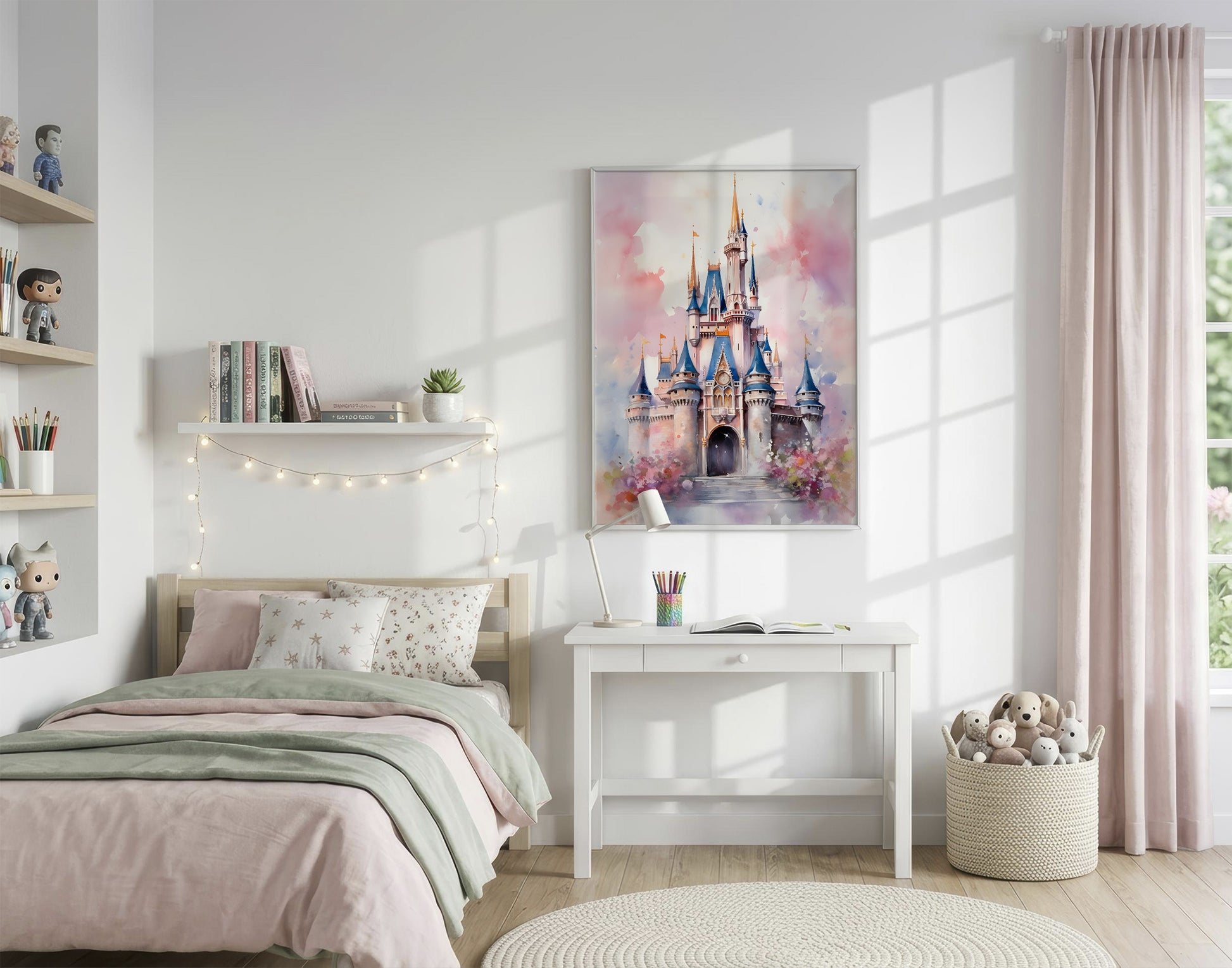 Children's bedroom with a castle painting on the wall