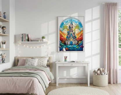 A colorful stained-glass-style poster of a castle in an arched window, displayed on a white wall in a bright, modern bedroom with a bed, desk, and pink curtains.