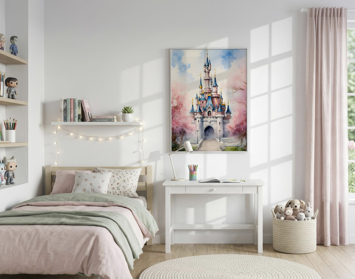 A children's bedroom featuring a colorful watercolor-style canvas print of a castle on the wall. The room is styled with a light wood bed, pink and sage green bedding, a white desk, pink curtains, and a basket of stuffed animals.