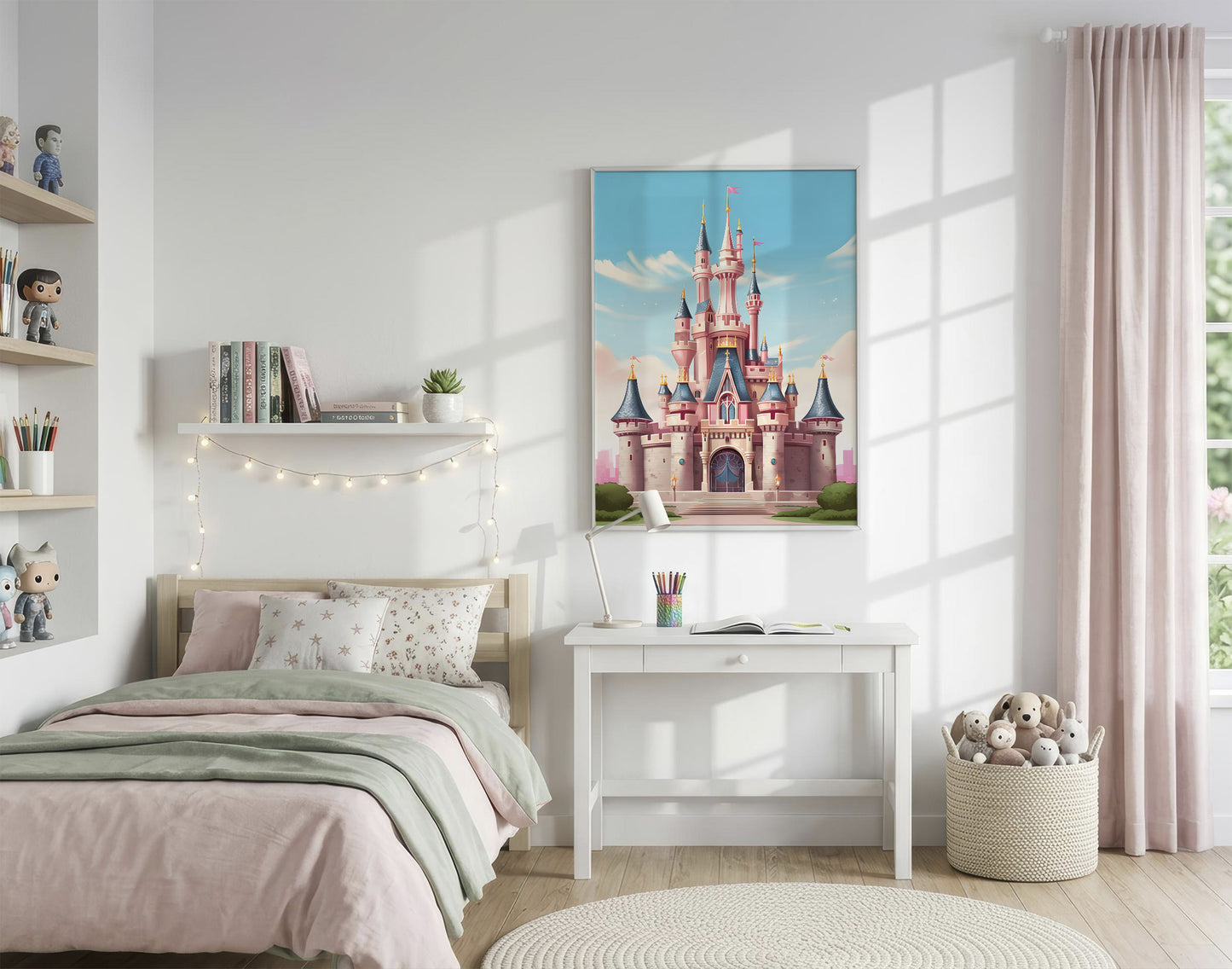 A framed vertical canvas print of a fairytale castle, styled in a soft pastel bedroom setting with a bed, desk, and pink curtains.
