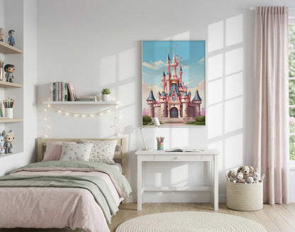 A framed vertical canvas print of a fairytale castle, styled in a soft pastel bedroom setting with a bed, desk, and pink curtains.