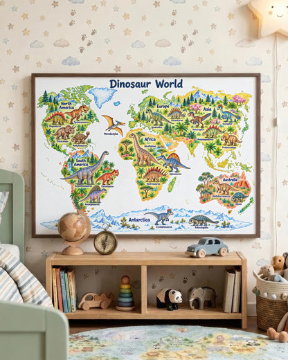 Dinosaur World Map Print | Kids Dinosaur Wall Art
