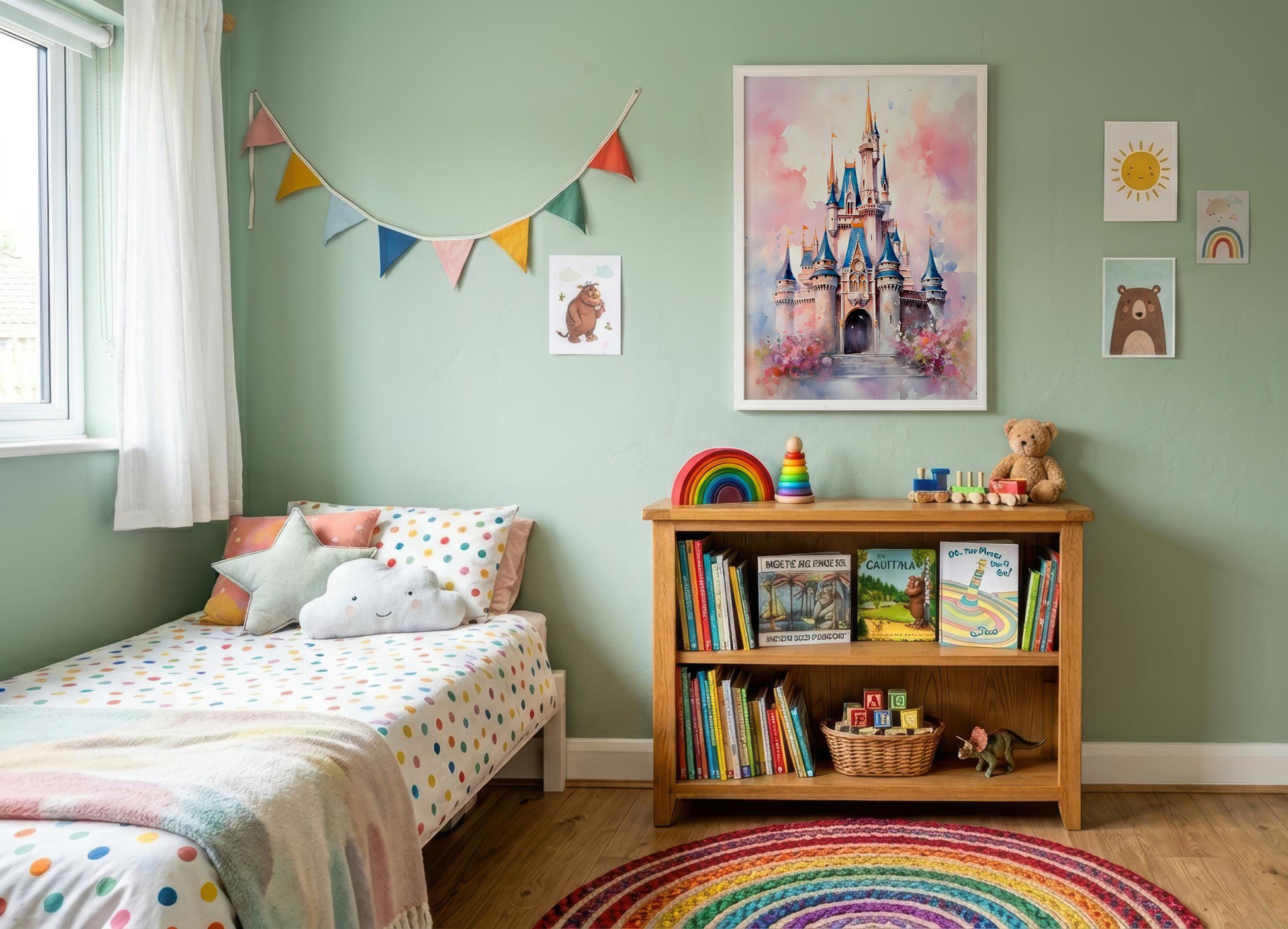 A styled children's bedroom featuring a single bed with pastel polka-dot bedding, a wooden bookshelf filled with books and toys, and a large framed watercolor painting of a castle on the wall. The room has sage green walls, a rainbow bunting banner, and a round rainbow rug on a wood floor.
