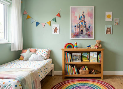 A styled children's bedroom featuring a single bed with pastel polka-dot bedding, a wooden bookshelf filled with books and toys, and a large framed watercolor painting of a castle on the wall. The room has sage green walls, a rainbow bunting banner, and a round rainbow rug on a wood floor.