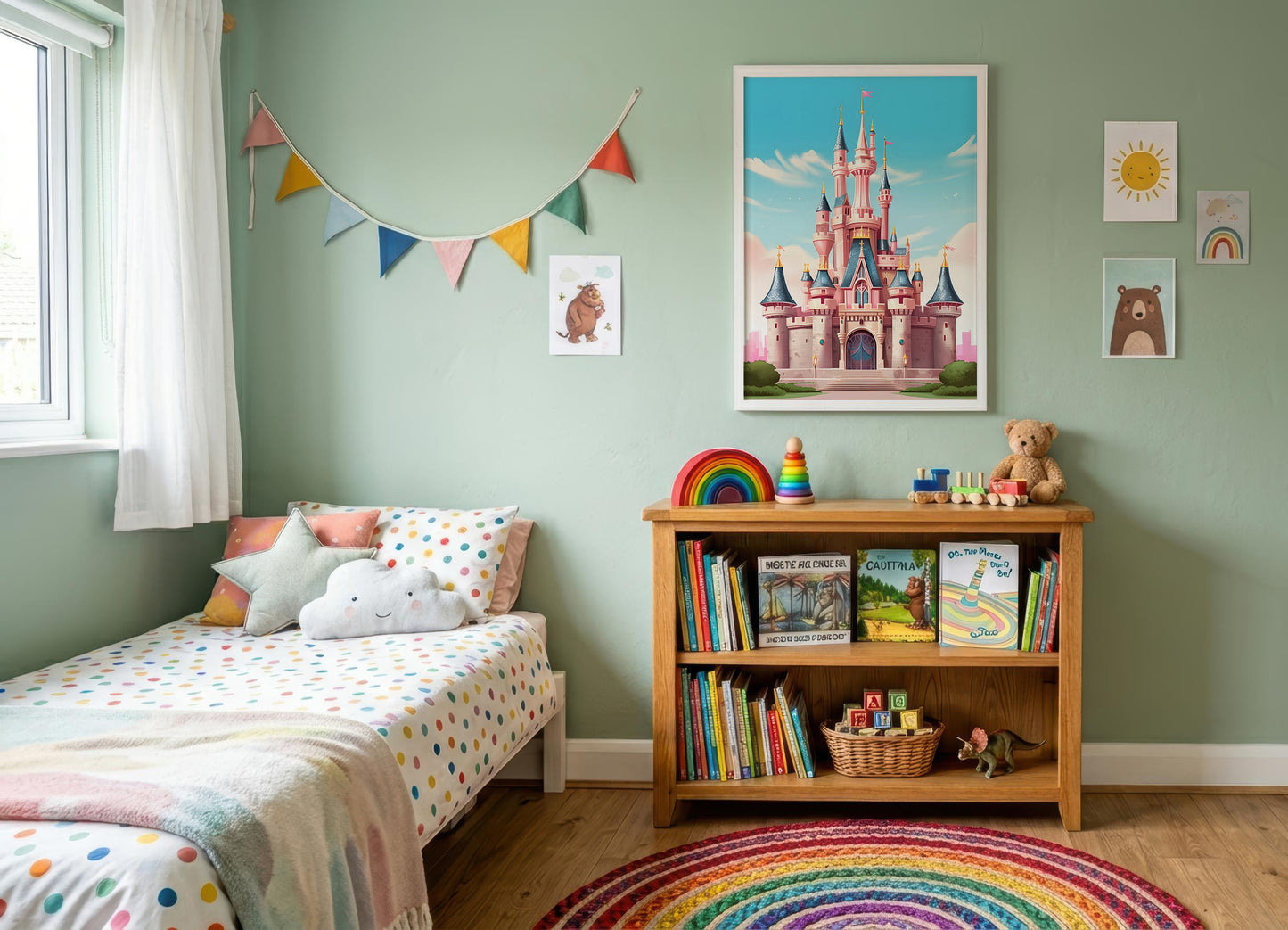 A styled children's bedroom featuring a light green wall, a single bed with colorful polka-dot bedding, a wooden bookshelf filled with books and toys, and a large framed poster of a fairytale castle on the wall.
