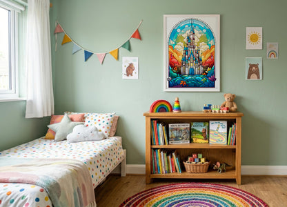 A styled children's bedroom featuring a light green wall, a single bed with pastel polka-dot bedding, a wooden bookshelf filled with books and toys, and a colorful circular rug. A large framed fantasy castle art print is mounted on the wall.