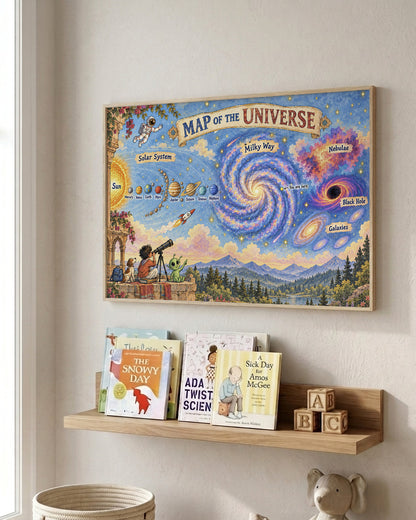A framed colorful poster titled 'MAP OF THE UNIVERSE' hangs on a light beige wall above a wooden shelf holding children's books and wooden blocks. The poster features illustrated sections of the solar system, Milky Way, Andromeda Galaxy, and outer space, with a child looking through a telescope in the foreground.