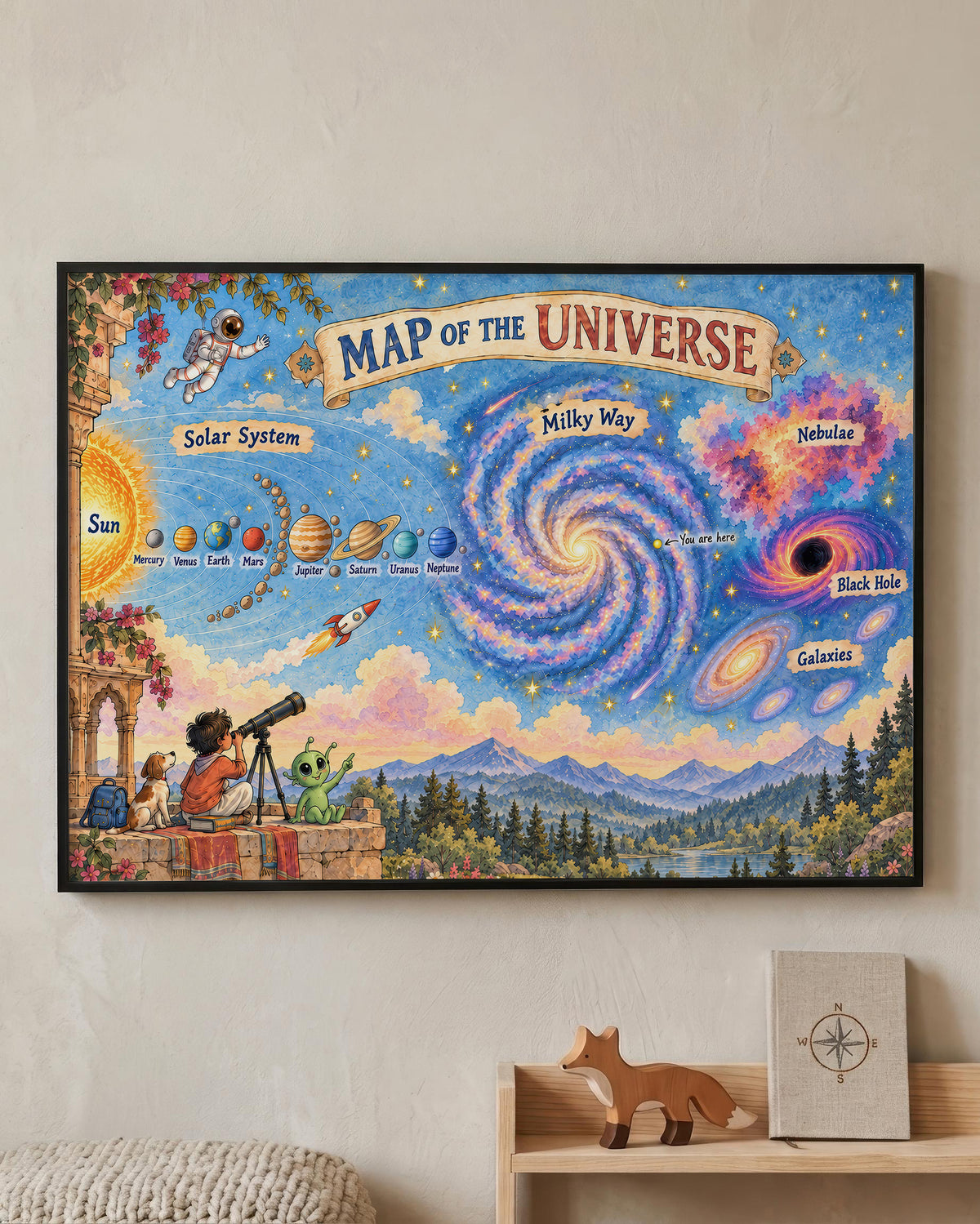 A framed colorful poster titled 'MAP OF THE UNIVERSE' hanging on a beige wall above a small wooden shelf with a fox figurine and a notebook. The poster shows a stylized cosmic scene with the sun, solar system, Milky Way galaxy, nebula, black holes, and distant mountains under a starry sky.