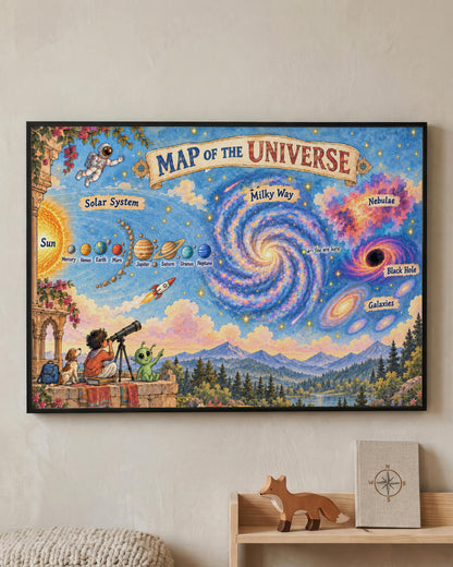A framed colorful poster titled 'MAP OF THE UNIVERSE' hanging on a beige wall above a small wooden shelf with a fox figurine and a notebook. The poster shows a stylized cosmic scene with the sun, solar system, Milky Way galaxy, nebula, black holes, and distant mountains under a starry sky.