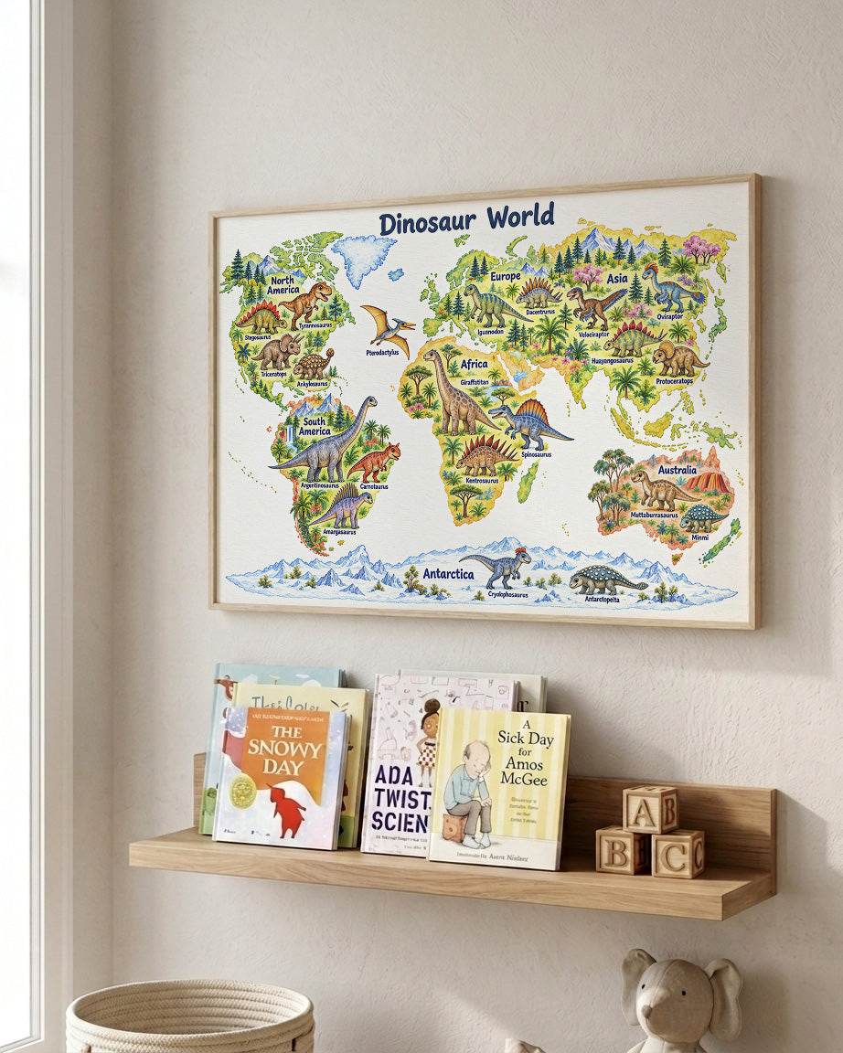Dinosaur World Map Print | Kids Dinosaur Wall Art